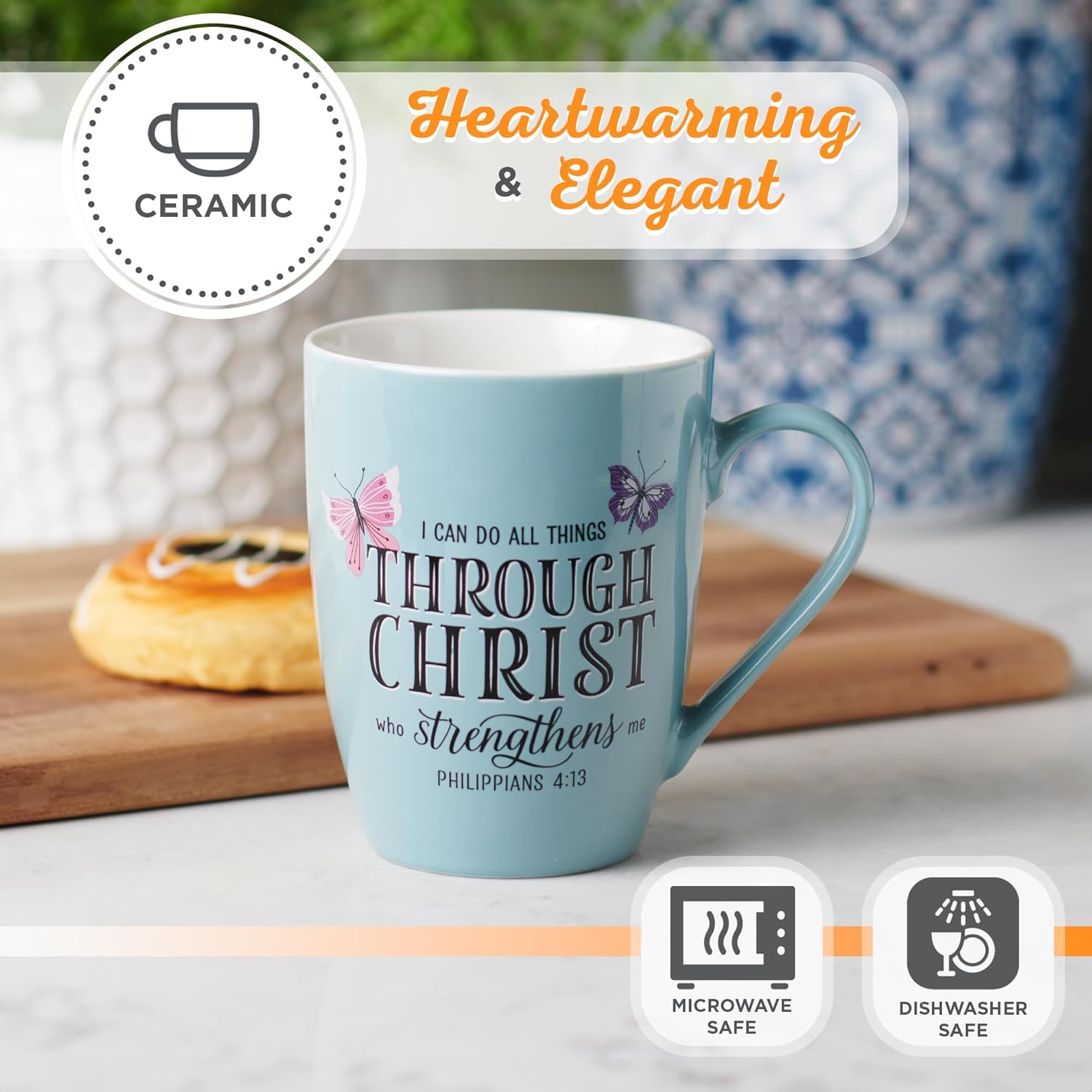 Christian Art Gifts Blue Butterfly Ceramic Coffee Mug – 12 oz, Microwave and Dishwasher-safe Inspirational Scripture Coffee and Tea Mug with Bible Verse