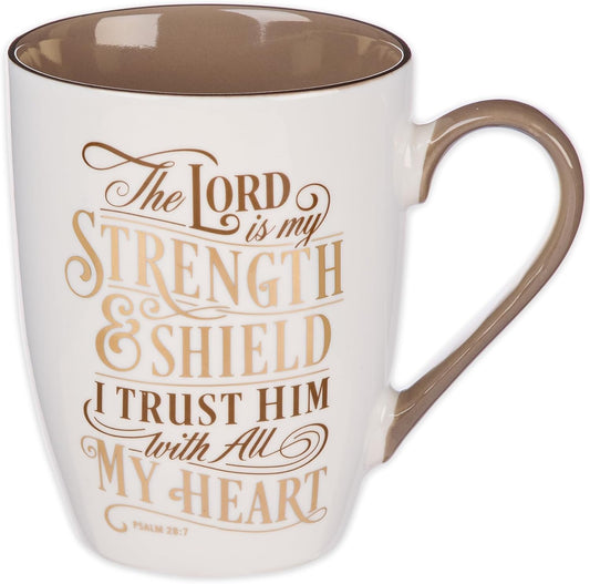 Christian Art Gifts Caramel Brown Ceramic Coffee Mug – 12 oz - The Lord is My Strength – Psalm 28:7