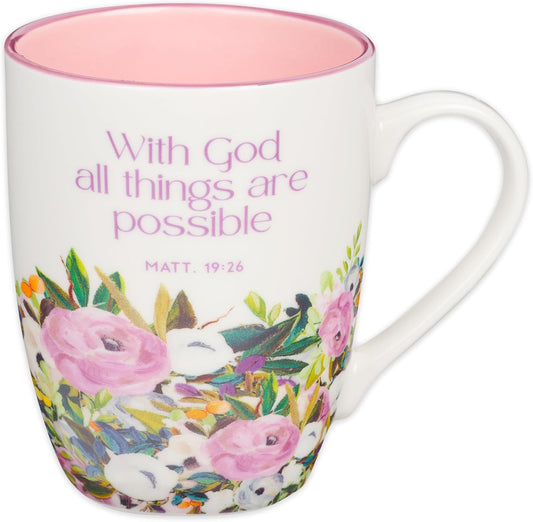 Christian Art Gifts Inspirational Ceramic Coffee & Tea Scripture Mug for Women All Things are Possible Encouraging Bible Verse