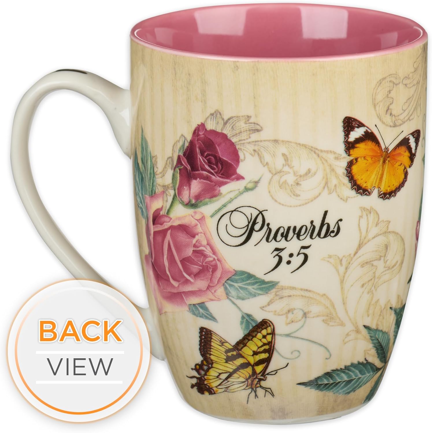 Christian Art Gifts Pink Rose Floral & Yellow Butterfly Ceramic Coffee Mug – 12 oz