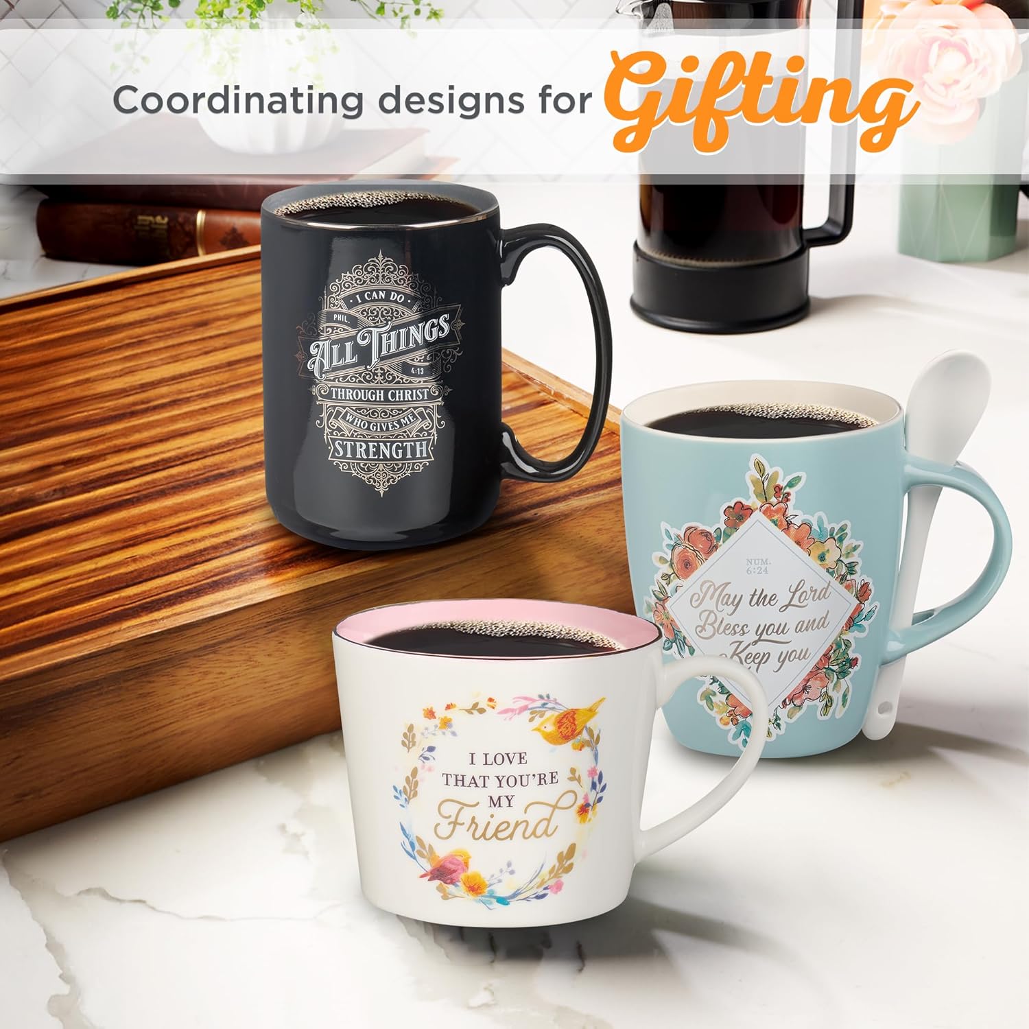 Christian Art Gifts Scripture Coffee and Tea Mug with Ceramic Spoon Set for Women, May the Lord Bless You