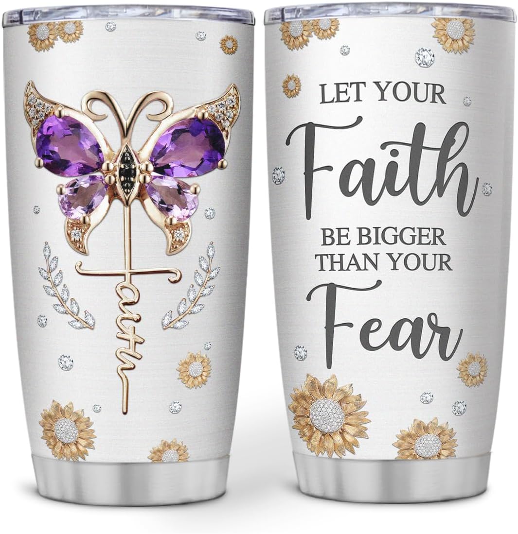 Christian Gifts For Women Let Your Faith Be Bigger Than Fear Dragonfly Tumbler 20oz Stainless Steel Travel Mug Insulated Birthday Christmas Jesus Religious Tumblers Gifts For Christians