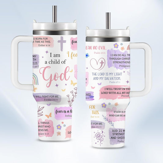 Christian Gifts, God Gifts for Women - Pink Christian 40oz Coffee Tumblers for Women with Handle, I Am A Child of God Cups - Birthday