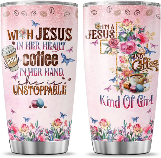 Christian Gifts, Tumbler 20 Oz With Lid And Straw, Religious Flower Women For Tumblers Floral, Jesus Coffee