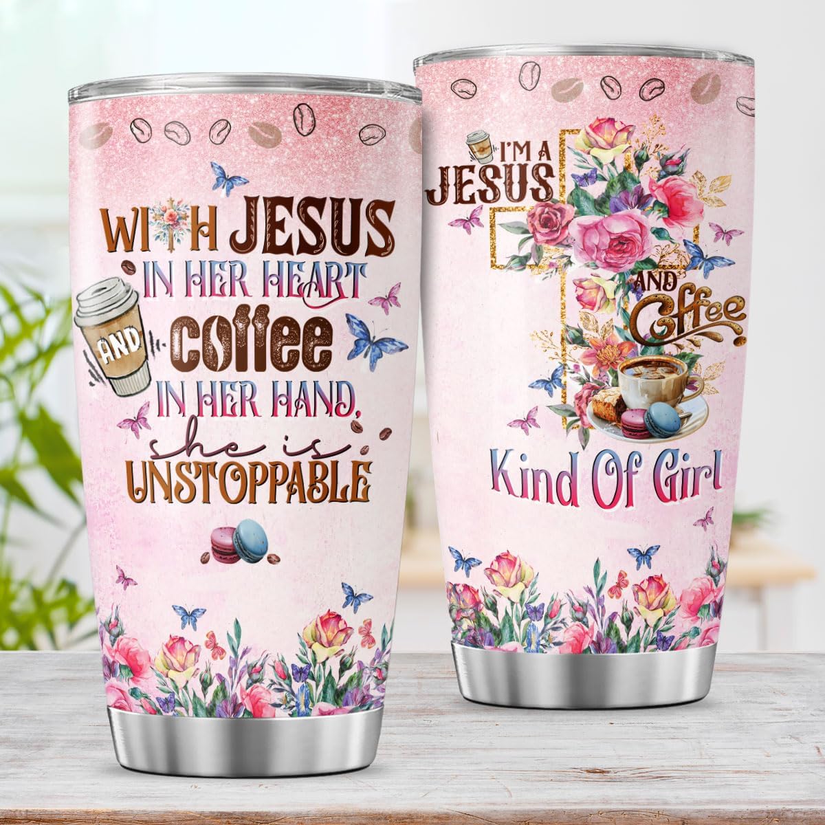 Christian Gifts, Tumbler 20 Oz With Lid And Straw, Religious Flower Women For Tumblers Floral, Jesus Coffee