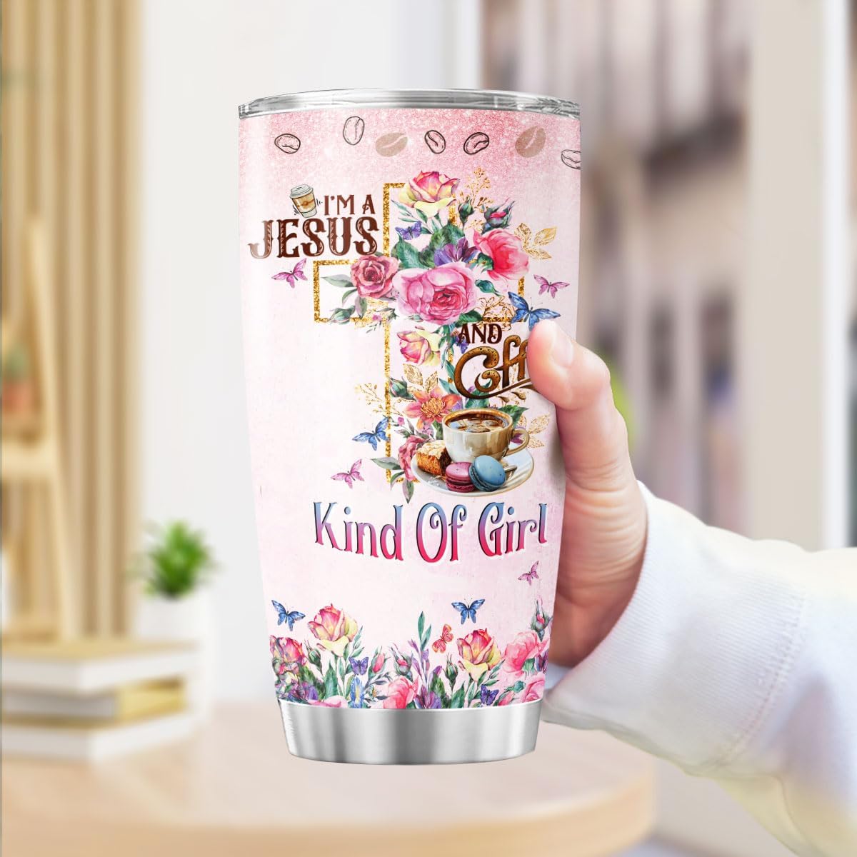 Christian Gifts, Tumbler 20 Oz With Lid And Straw, Religious Flower Women For Tumblers Floral, Jesus Coffee