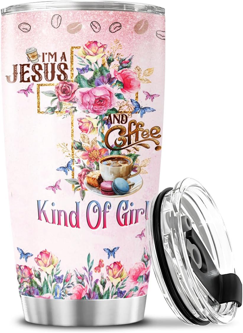 Christian Gifts, Tumbler 20 Oz With Lid And Straw, Religious Flower Women For Tumblers Floral, Jesus Coffee