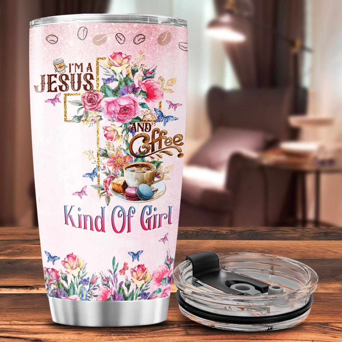 Christian Gifts, Tumbler 20 Oz With Lid And Straw, Religious Flower Women For Tumblers Floral, Jesus Coffee