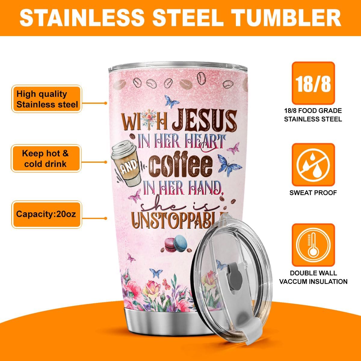 Christian Gifts, Tumbler 20 Oz With Lid And Straw, Religious Flower Women For Tumblers Floral, Jesus Coffee