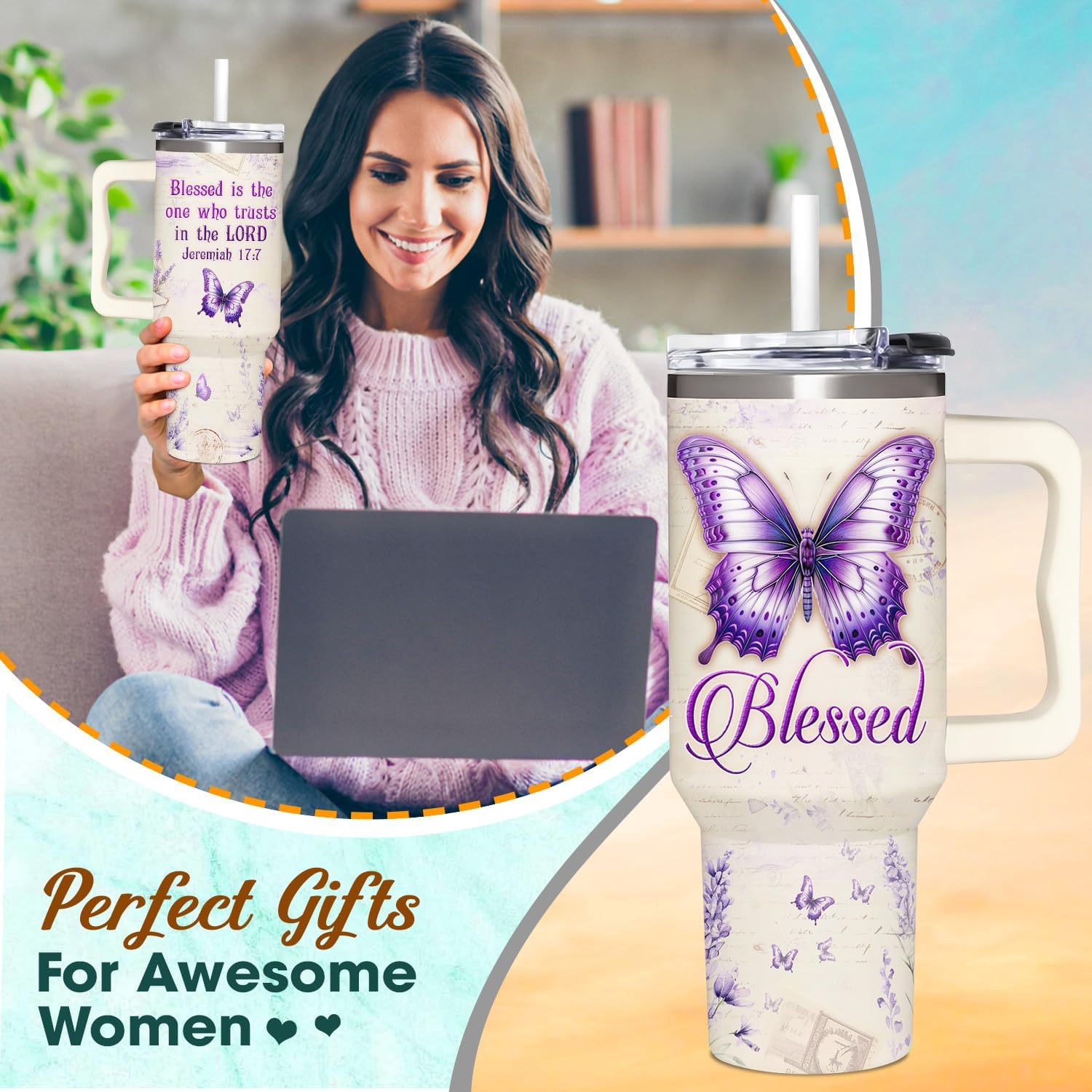 Christian Gifts for Women - Purple Butterfly Gifts For Women - Faith, Religious Gifts For Women On Birthday, Christmas, Mothers Day - Purple Butterfly 40 Oz Tumbler With Handle