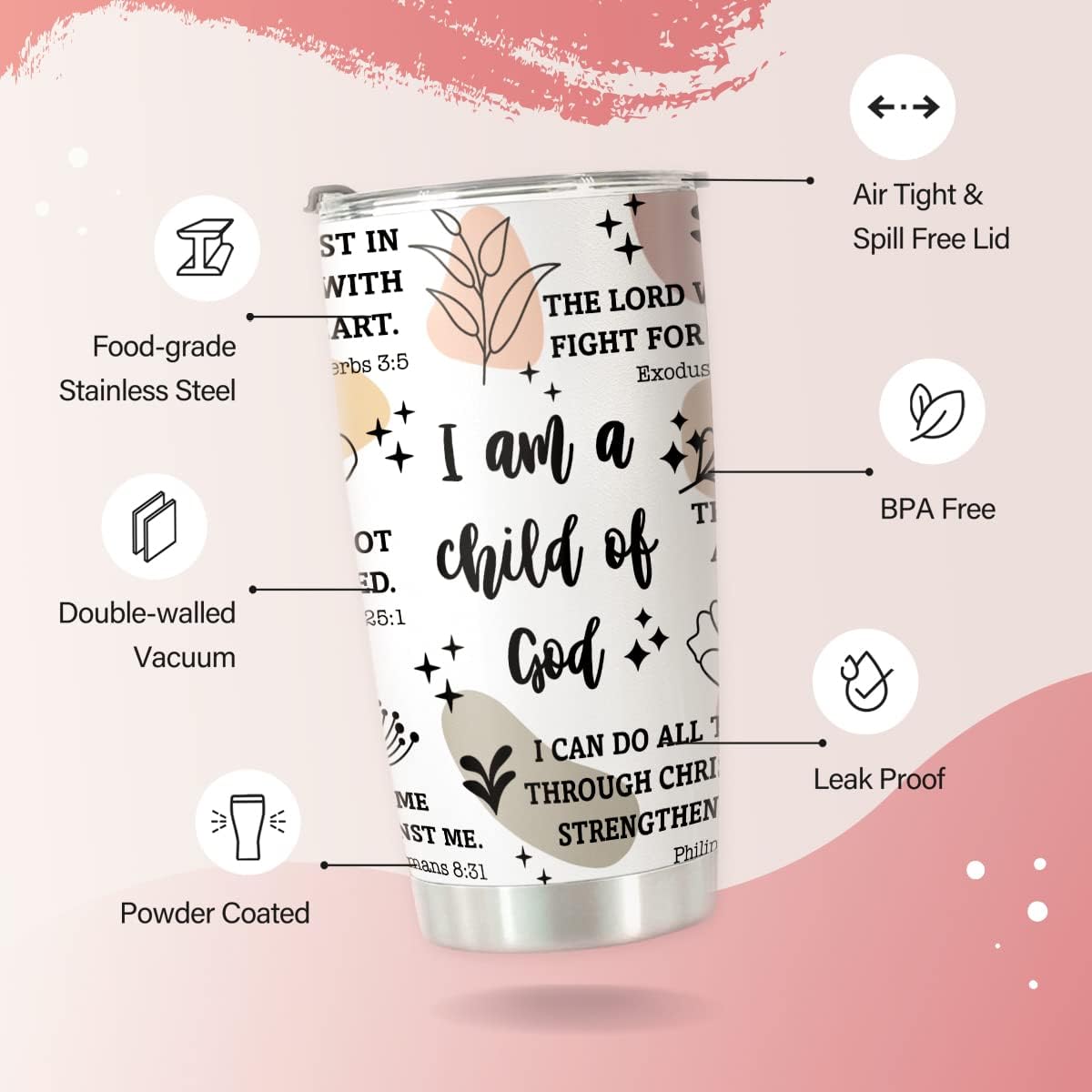 Christian Gifts for Women - Stainless Steel I Am a Child of God Tumbler Cup 20oz - Christian Faith Jesus God Bible Verse Religious Gifts