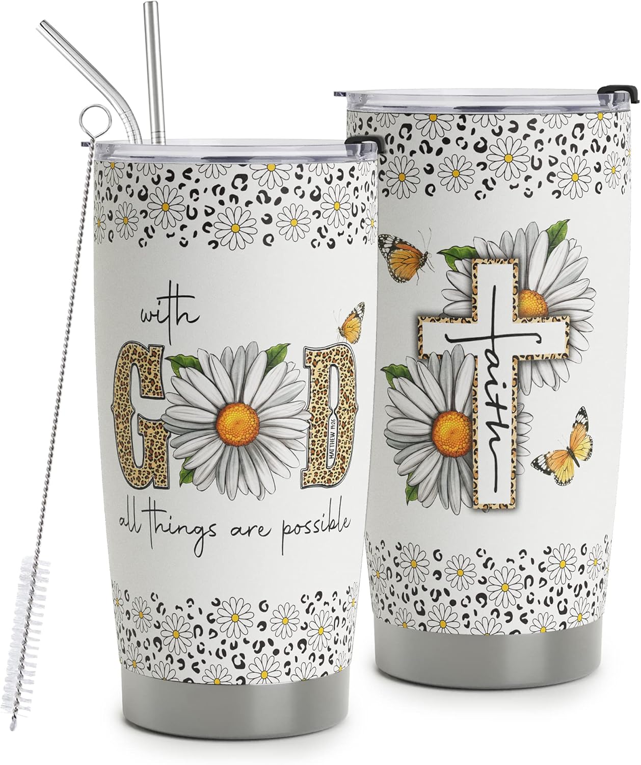 Christian Gifts for Women - With God All Things Are Possible Travel Mug Cup - Daisy Leopard Faith Jesus God Bible Verse Religious Gifts For Mom Grandma Friends - Stainless Steel Tumbler 20oz