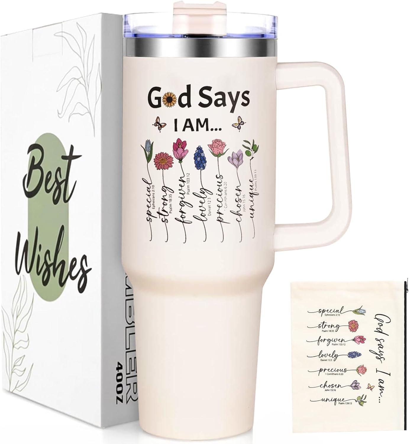 Christian Gifts for Women, Christian Gifts for Women Faith, God Says I am 40 oz Tumbler with Makeup Bag, Mothers Day Gifts Birthday Gifts Religious Gifts for Women Mom Sister