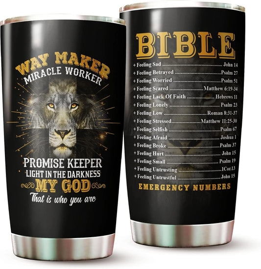 Christian Tumbler - Gifts for Christians on Christmas, Birthday - Religious Tumblers - Christian Cup - Christian Gifts For Men, Women - Bible Emergency Numbers Mug - Lion Christian Tumbler