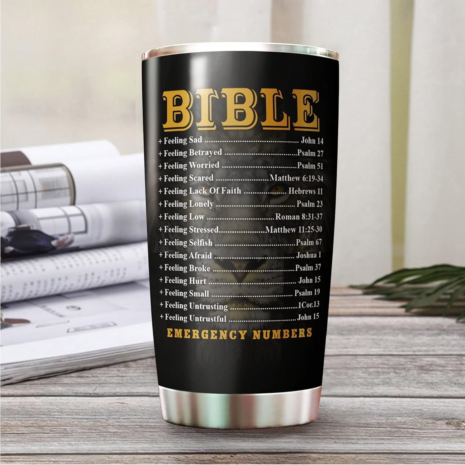 Christian Tumbler - Gifts for Christians on Christmas, Birthday - Religious Tumblers - Christian Cup - Christian Gifts For Men, Women - Bible Emergency Numbers Mug - Lion Christian Tumbler