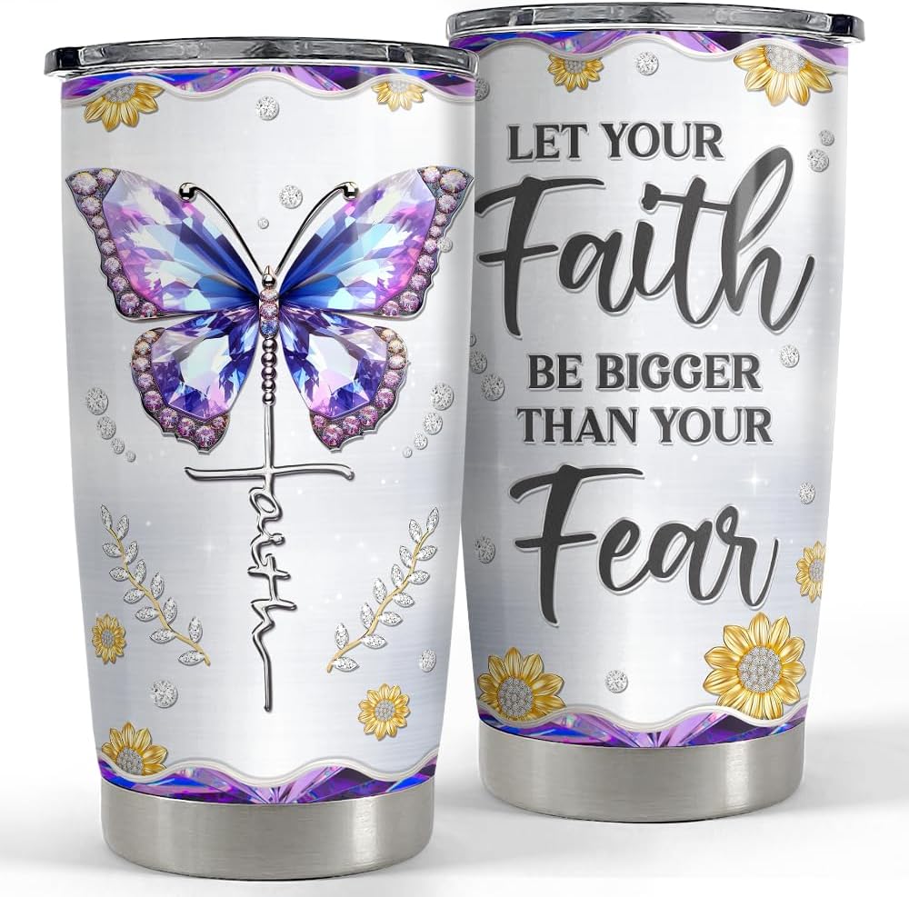 Christian Tumbler 20oz Faith Be Bigger Than Fear Tumblers Cup Coffee Travel Mug Inspirational Religious Gifts for Women Gift for Birthday Christmas