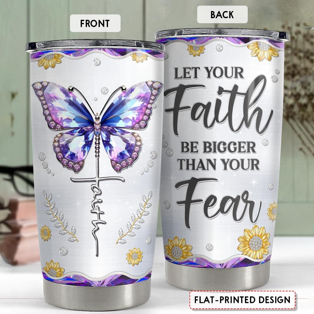 Christian Tumbler 20oz Faith Be Bigger Than Fear Tumblers Cup Coffee Travel Mug Inspirational Religious Gifts for Women Gift for Birthday Christmas