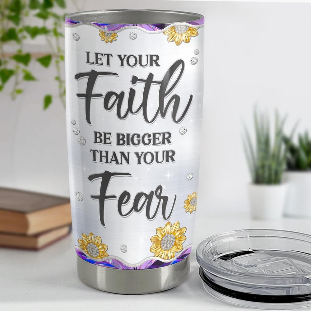 Christian Tumbler 20oz Faith Be Bigger Than Fear Tumblers Cup Coffee Travel Mug Inspirational Religious Gifts for Women Gift for Birthday Christmas