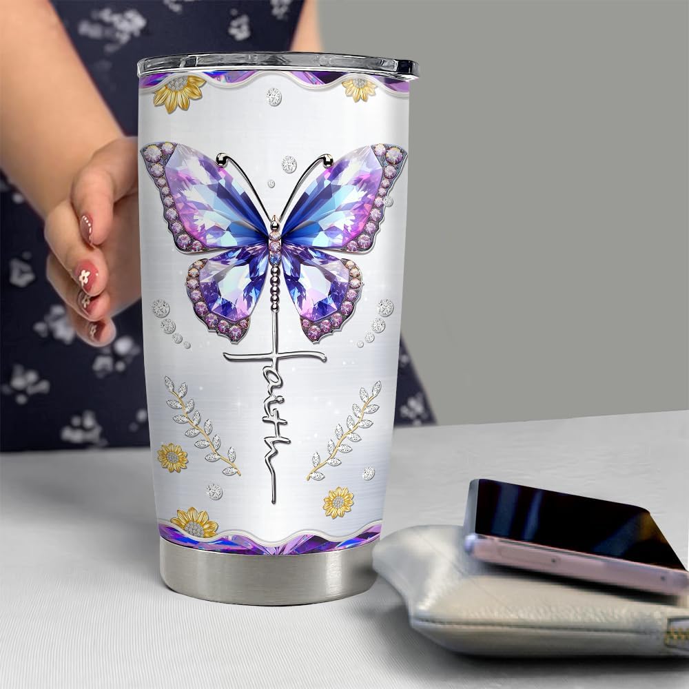 Christian Tumbler 20oz Faith Be Bigger Than Fear Tumblers Cup Coffee Travel Mug Inspirational Religious Gifts for Women Gift for Birthday Christmas