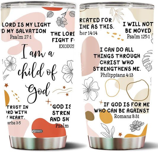 Christian Tumbler Gifts for Women Stainless Steel I Am a Child of God Thermos Coffee Cup 20oz with Lid Faith Jesus Bible Verse Religious Gift for Mom Wife Christmas Birthday Valentines