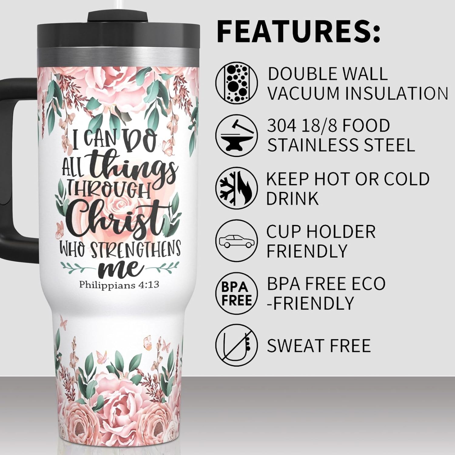 Christian Tumblers for Women with Handle - Christian Drinking Cup for Women Faith - Inspirational Tumbler for Women - Christian Gifts for Women