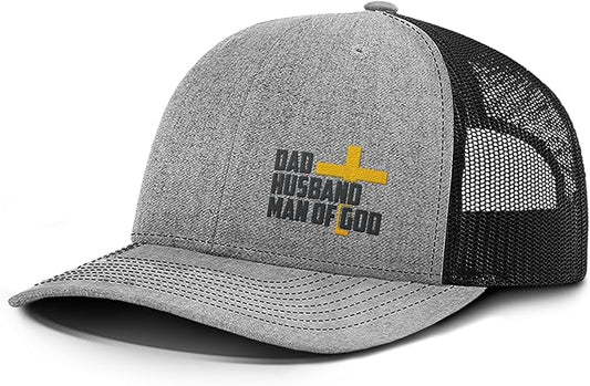 Dad Husband Man of God Cross Christian Trucker Hat - Adjustable Fit Snapback Hat - Breathable Mesh Side for Casual Wear