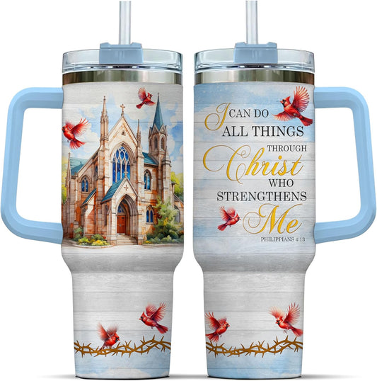 Faith Christ Cardinal Bird, Tumbler 40 Oz With Handle Lid And Straw, Christian Gifts, Religious Blue Coffee Light Navy Tumblers Handle Insulated Women Royal Men For White