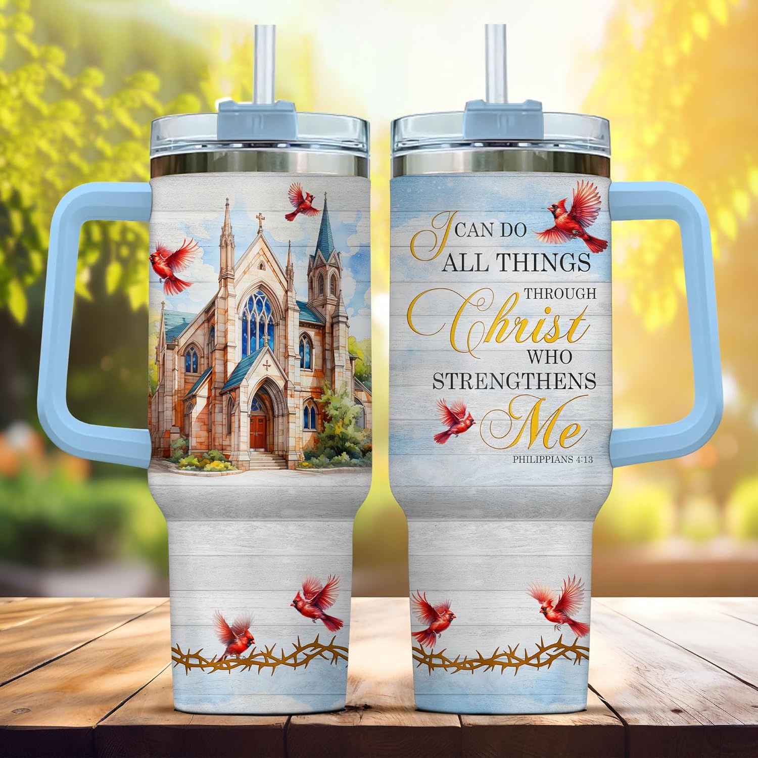 Faith Christ Cardinal Bird, Tumbler 40 Oz With Handle Lid And Straw, Christian Gifts, Religious Blue Coffee Light Navy Tumblers Handle Insulated Women Royal Men For White