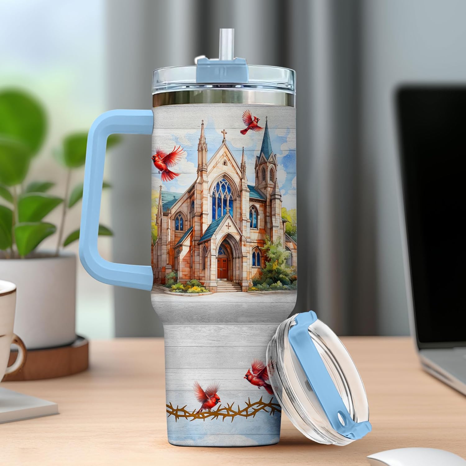 Faith Christ Cardinal Bird, Tumbler 40 Oz With Handle Lid And Straw, Christian Gifts, Religious Blue Coffee Light Navy Tumblers Handle Insulated Women Royal Men For White