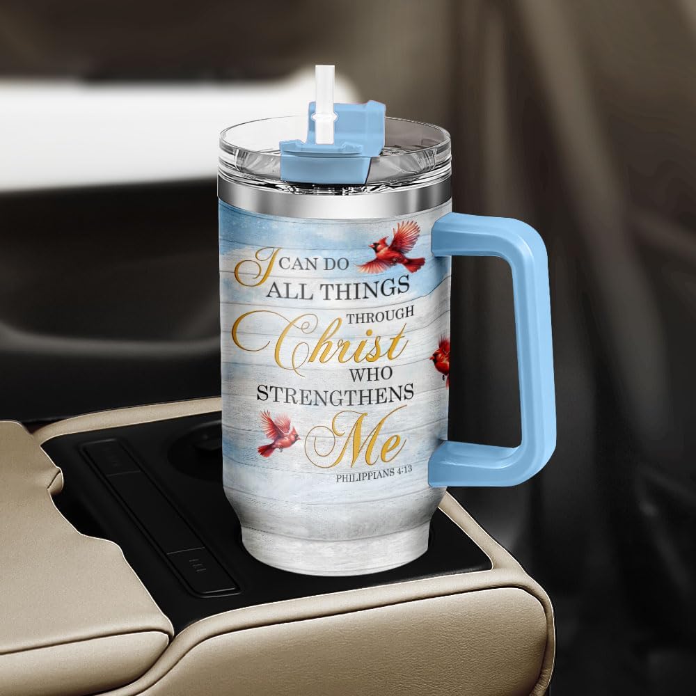 Faith Christ Cardinal Bird, Tumbler 40 Oz With Handle Lid And Straw, Christian Gifts, Religious Blue Coffee Light Navy Tumblers Handle Insulated Women Royal Men For White