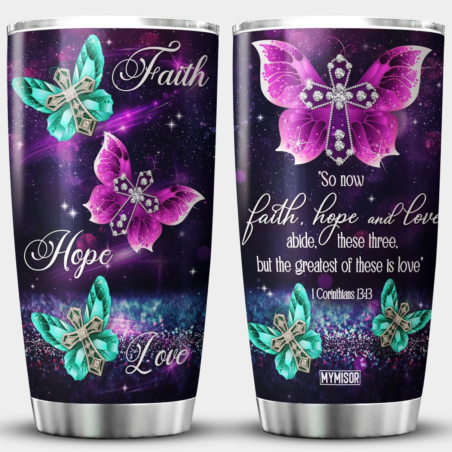 Faith Hope Love Tumbler Stainless Steel Christian Mugs For Women Butterfly Galaxy Christian Cross Inspirational Corinthians Catholic Bible Verse Mug For Christians Tumbler