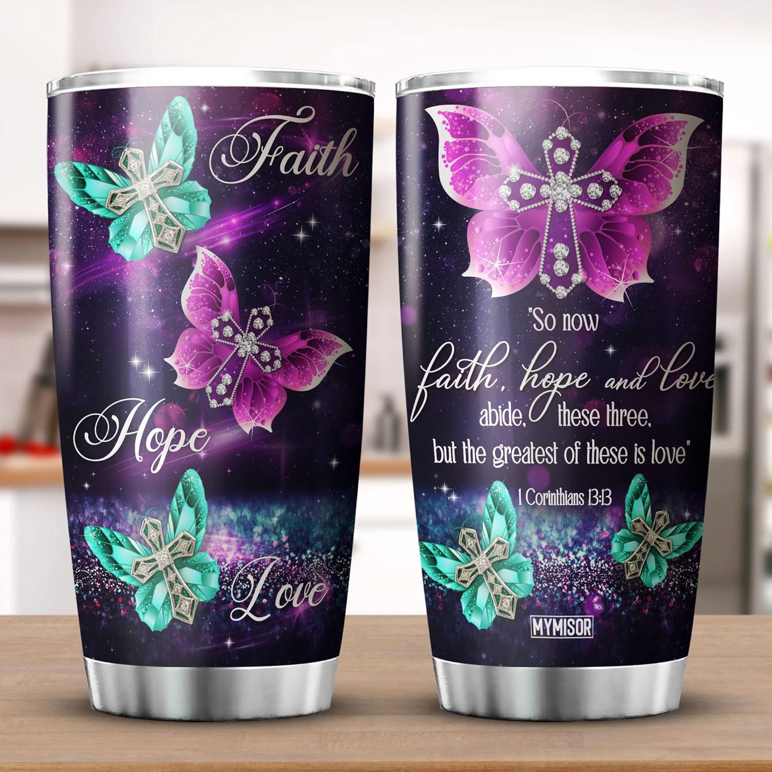 Faith Hope Love Tumbler Stainless Steel Christian Mugs For Women Butterfly Galaxy Christian Cross Inspirational Corinthians Catholic Bible Verse Mug For Christians Tumbler