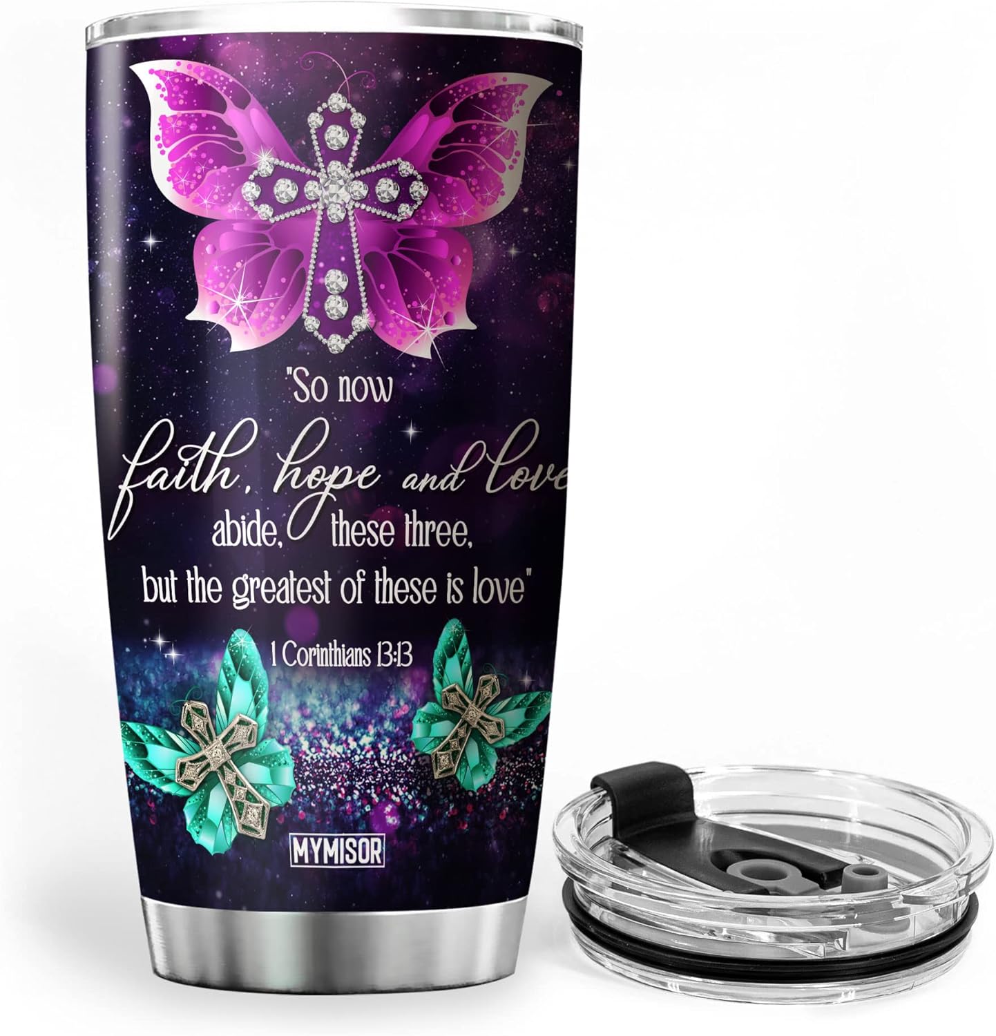 Faith Hope Love Tumbler Stainless Steel Christian Mugs For Women Butterfly Galaxy Christian Cross Inspirational Corinthians Catholic Bible Verse Mug For Christians Tumbler