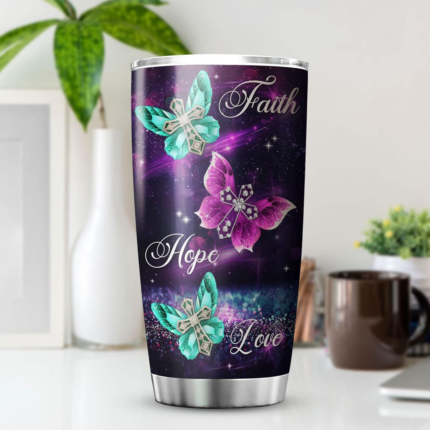 Faith Hope Love Tumbler Stainless Steel Christian Mugs For Women Butterfly Galaxy Christian Cross Inspirational Corinthians Catholic Bible Verse Mug For Christians Tumbler