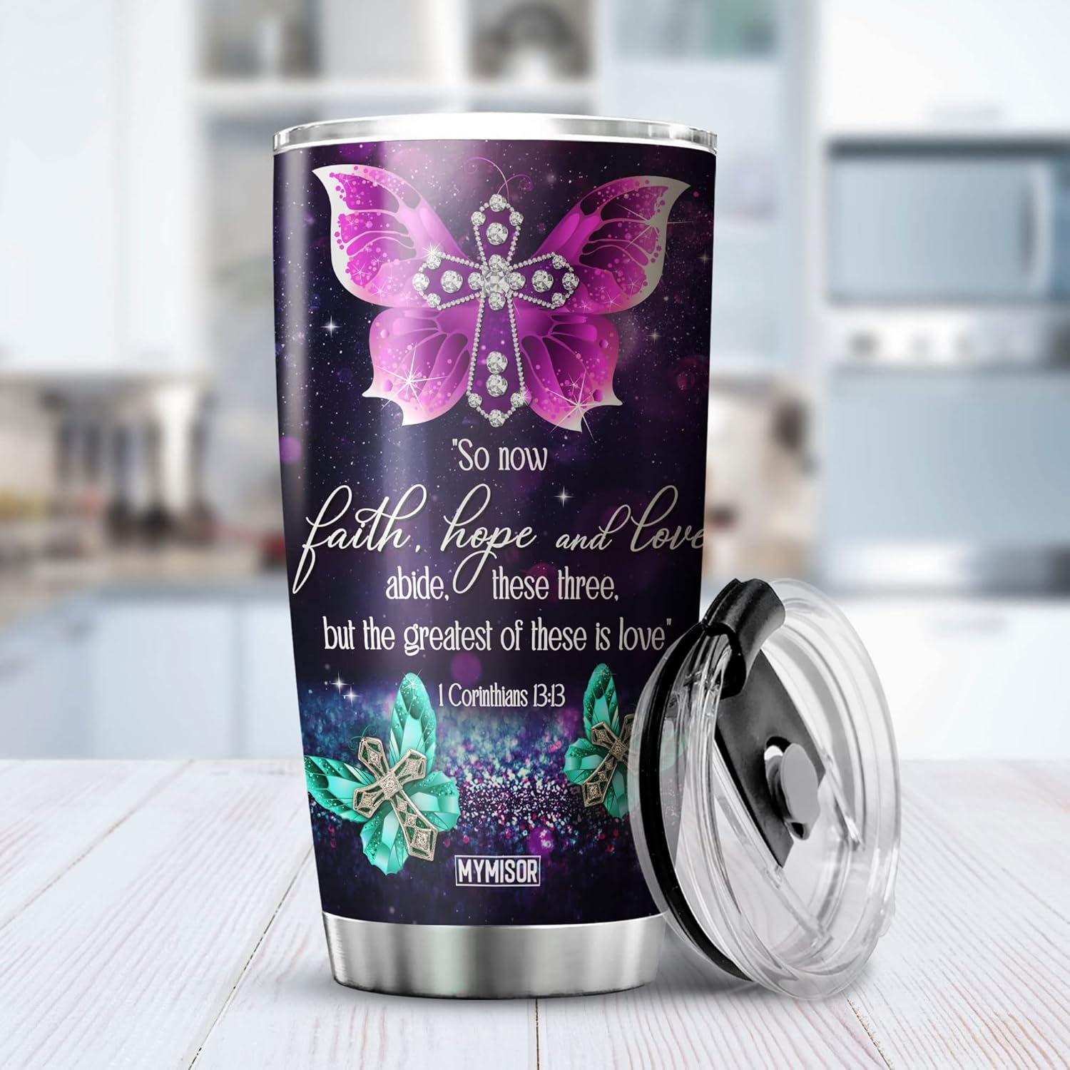 Faith Hope Love Tumbler Stainless Steel Christian Mugs For Women Butterfly Galaxy Christian Cross Inspirational Corinthians Catholic Bible Verse Mug For Christians Tumbler