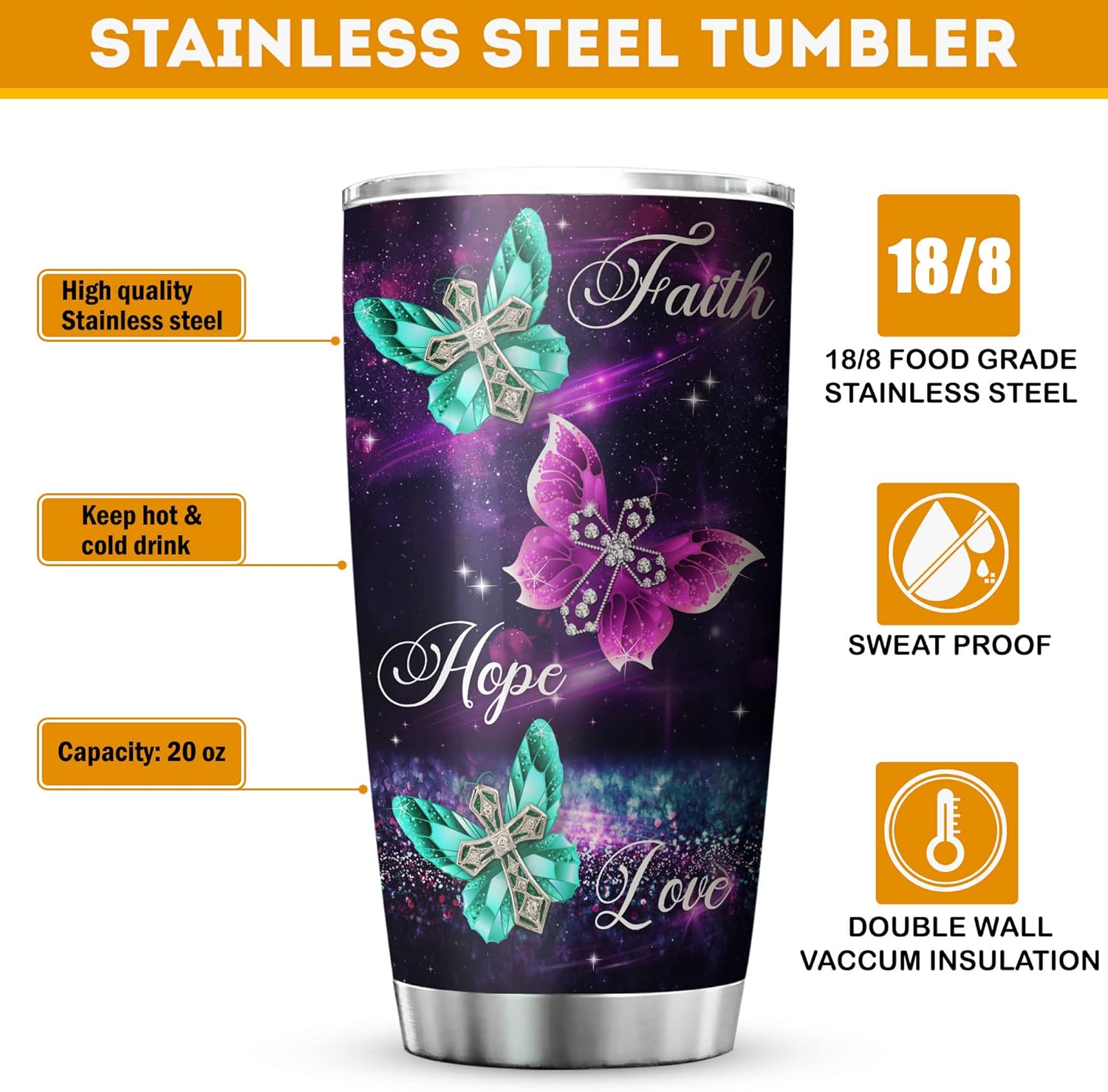 Faith Hope Love Tumbler Stainless Steel Christian Mugs For Women Butterfly Galaxy Christian Cross Inspirational Corinthians Catholic Bible Verse Mug For Christians Tumbler