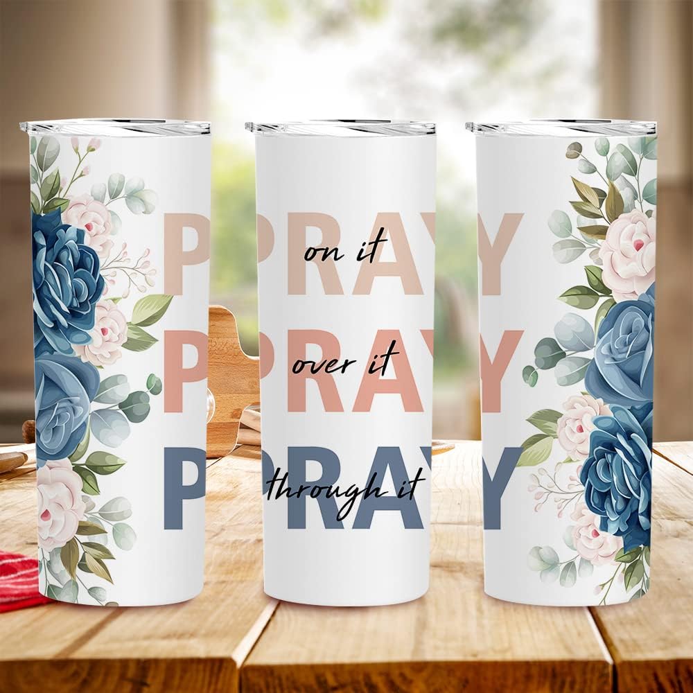 Pray On It Tumbler,Christian Tumbler for Women, Religious Gift for Women Sister Her, Vacuum Insulated Stainless Steel Skinny Tumbler With Lid and Straw 20oz