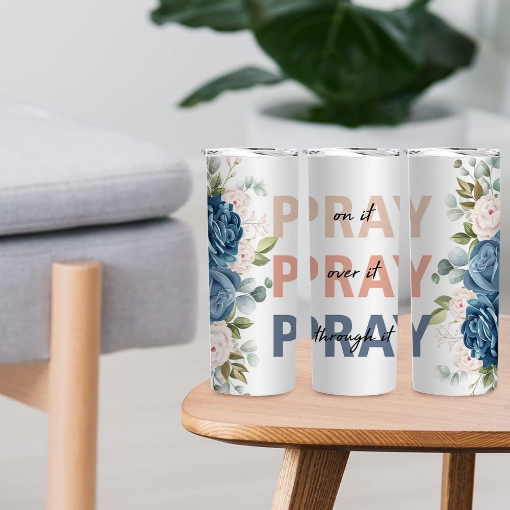 Pray On It Tumbler,Christian Tumbler for Women, Religious Gift for Women Sister Her, Vacuum Insulated Stainless Steel Skinny Tumbler With Lid and Straw 20oz