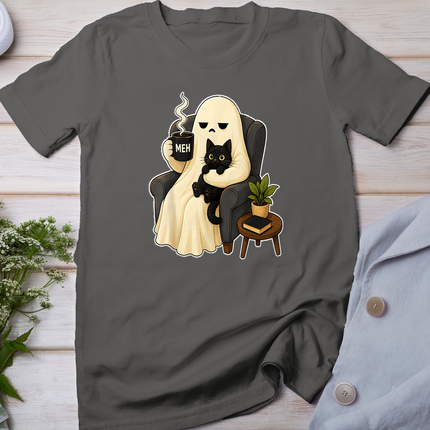 Meh Grumpy Ghost Holding Coffee Mug and Black Cat Halloween T-Shirt