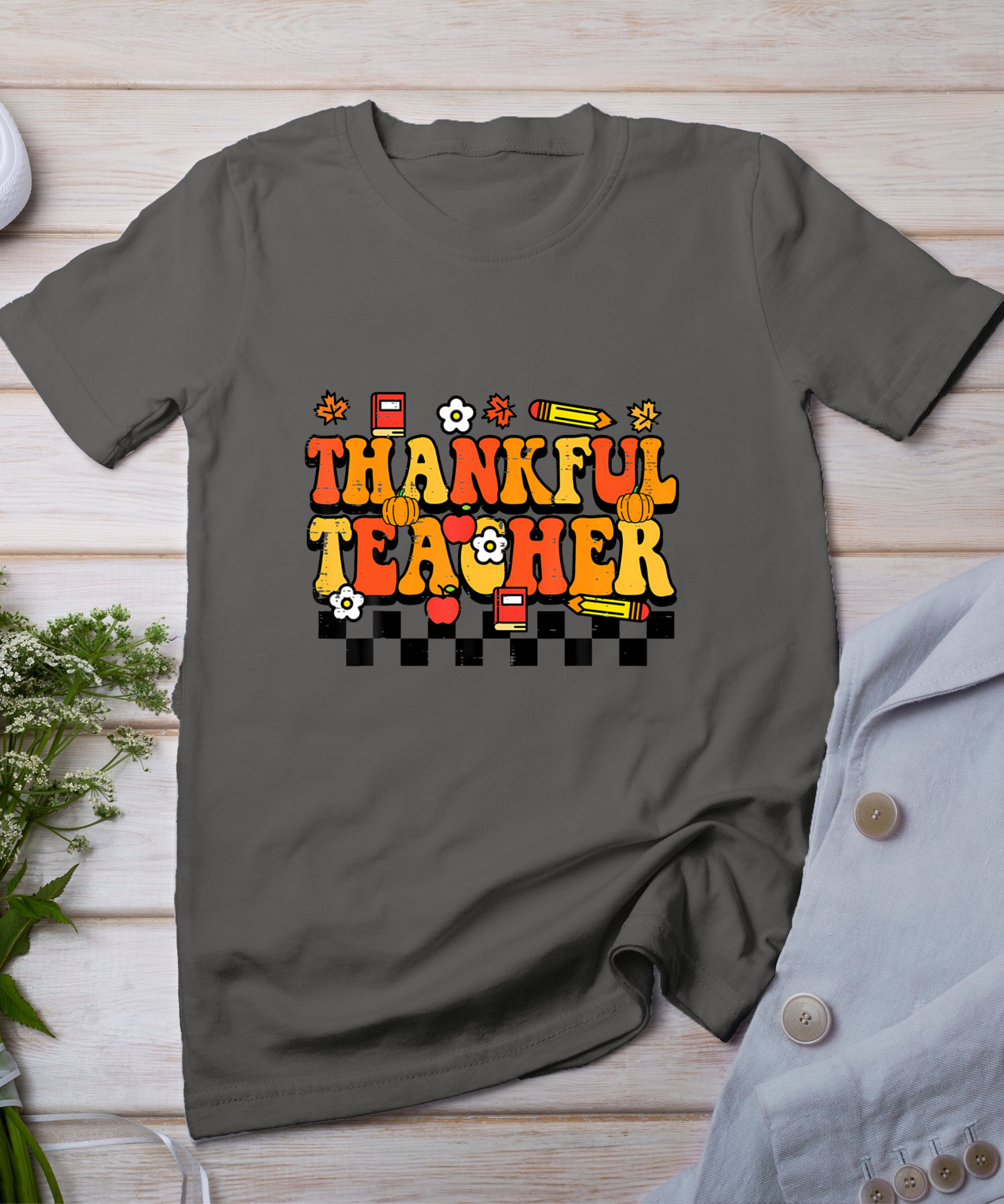 Thankful Teacher Retro Groovy Thanksgiving Fall Women Men T-Shirt