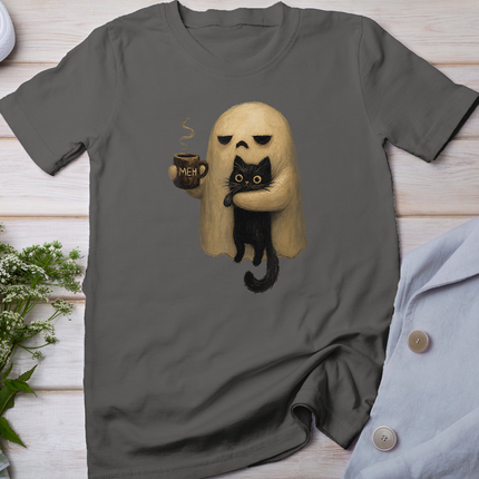 Spooky Ghost Holding Black Cat Coffee Lover Funny Halloween T-Shirt