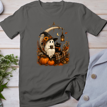 Vintage Halloween Ghost Holding Black Cat Groovy Floral T-Shirt