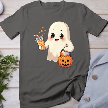 Cute Halloween Ghost With Candy Bucket And Boba Tea Kids T-Shirt