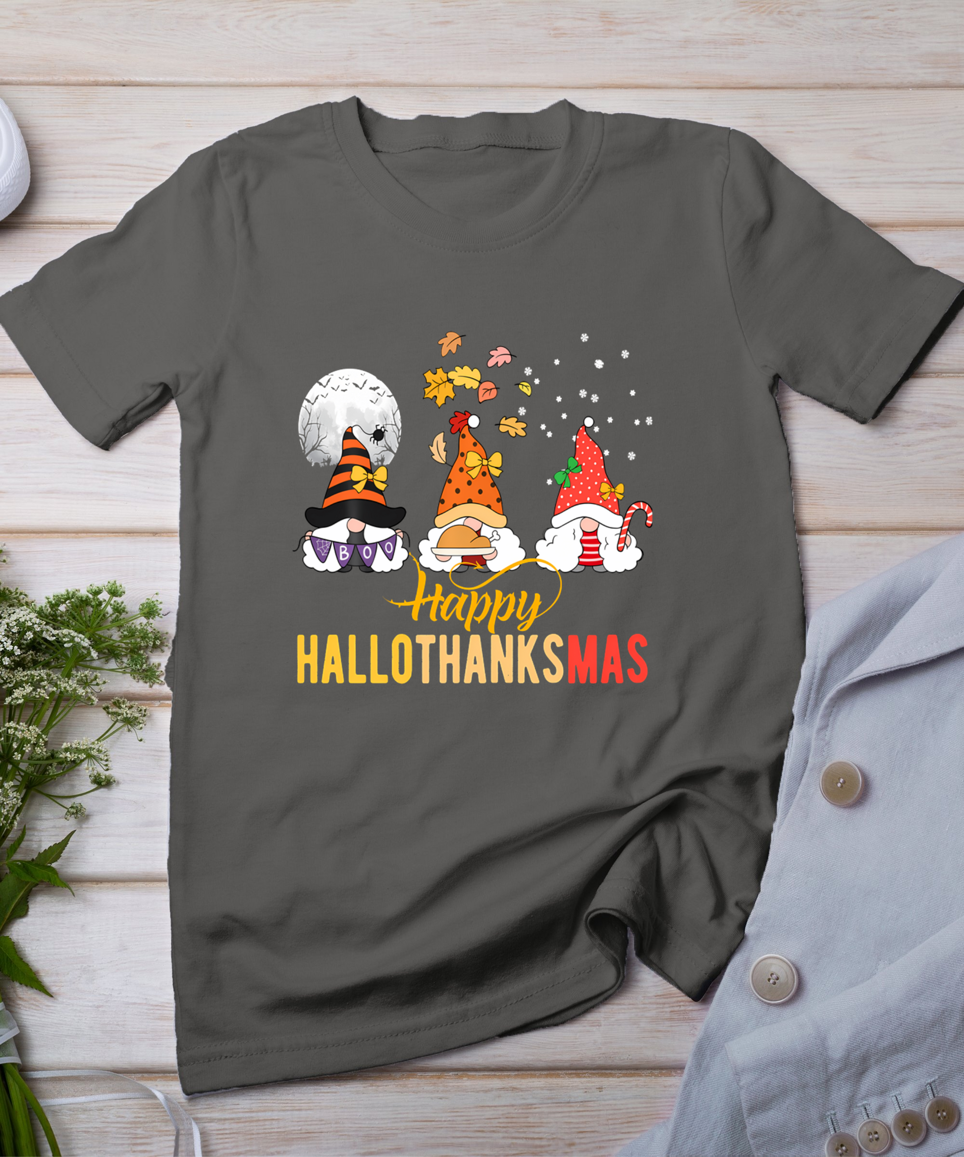 Gnomes Halloween Christmas Thanksgiving Happy Hallothanksmas T-Shirt