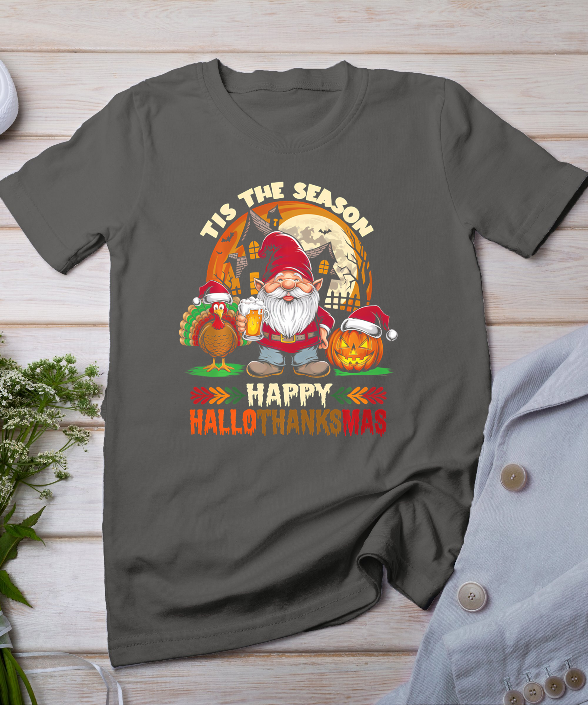 Happy Hallothanksmas Halloween Thanksgiving Merry Christmas T-Shirt