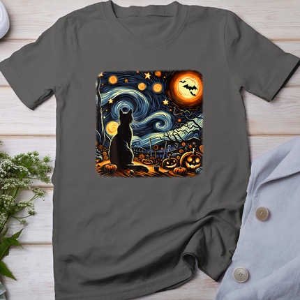 Halloween Van Gogh Starry Night Black Cat Pumpkins Bats T-Shirt