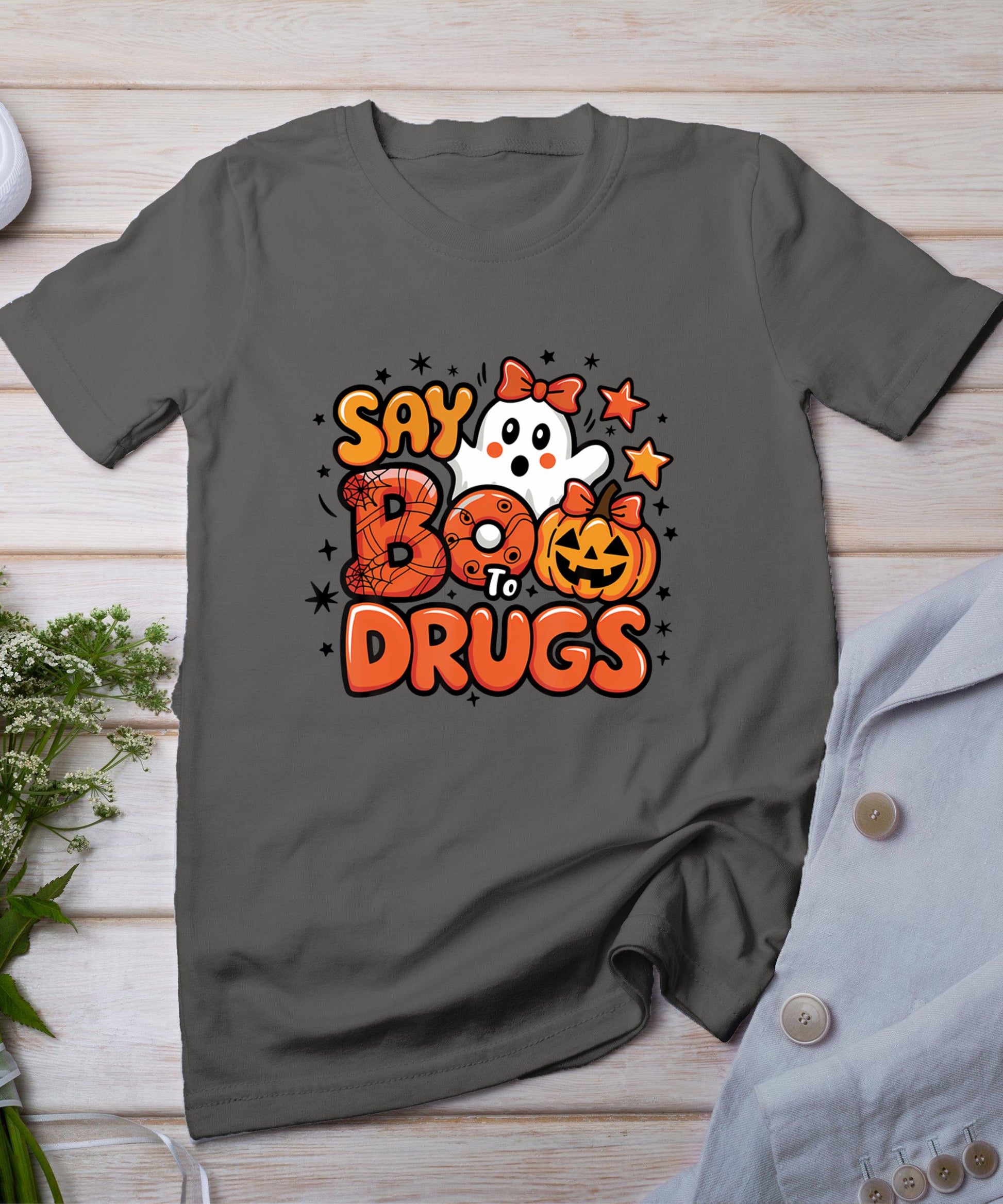 Say Boo Drug-Free Ghost Halloween Red Ribbon Week Awareness T-Shirt