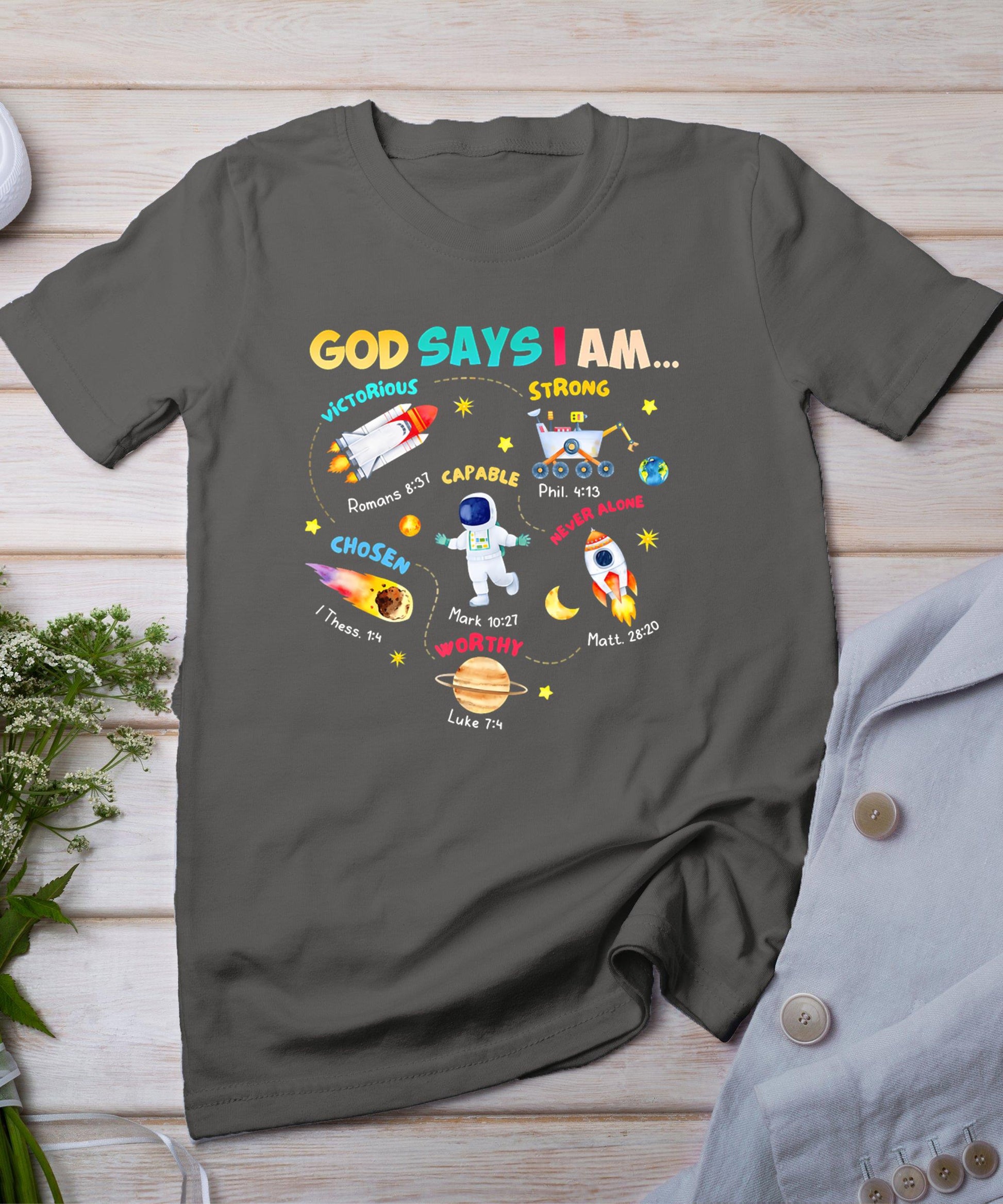 God Says I Am Outer Space Themed Bible Christian Kids Boys T-Shirt