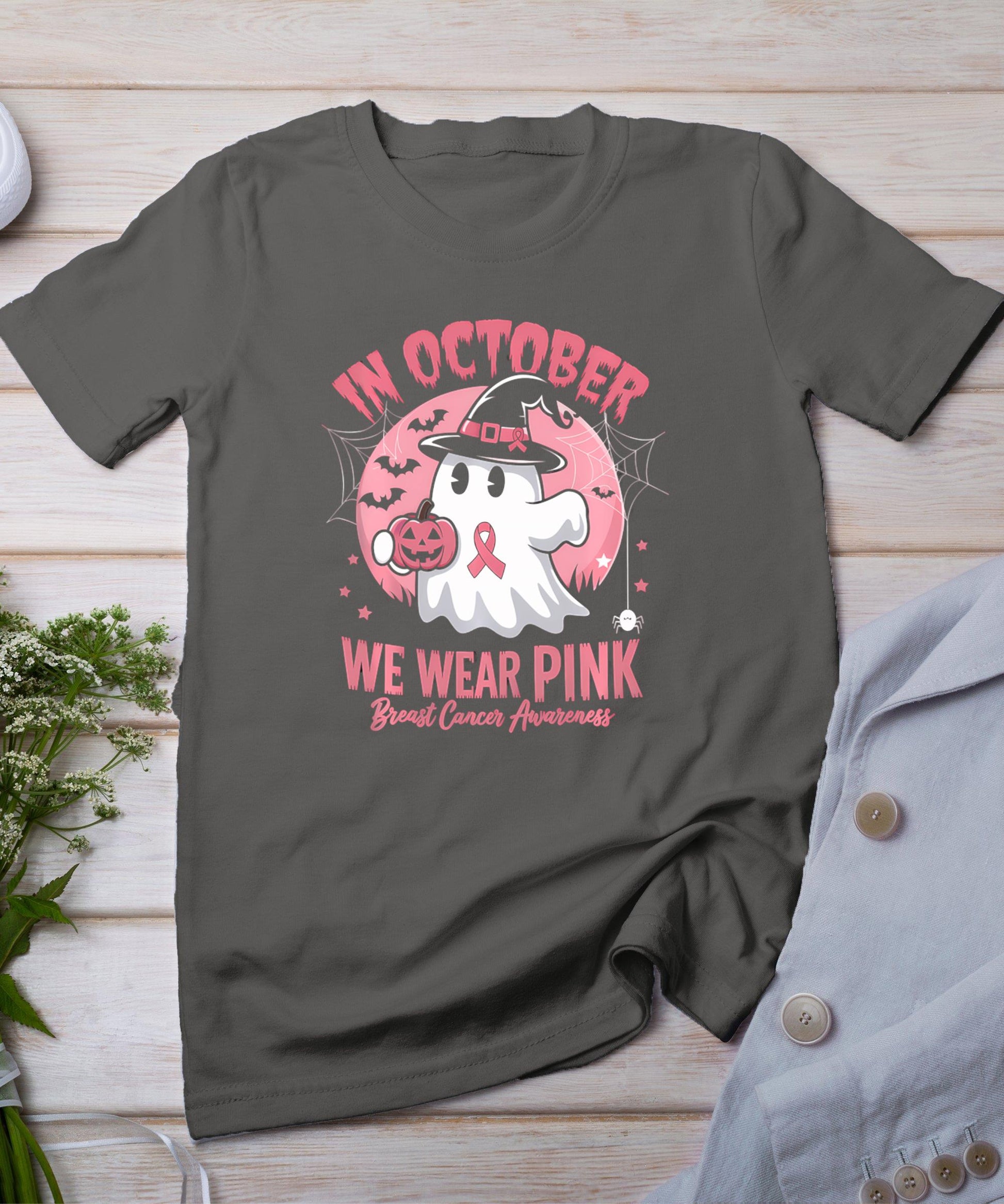 Breast Cancer Shirts Women Halloween In October We Wear Pink T-Shirt