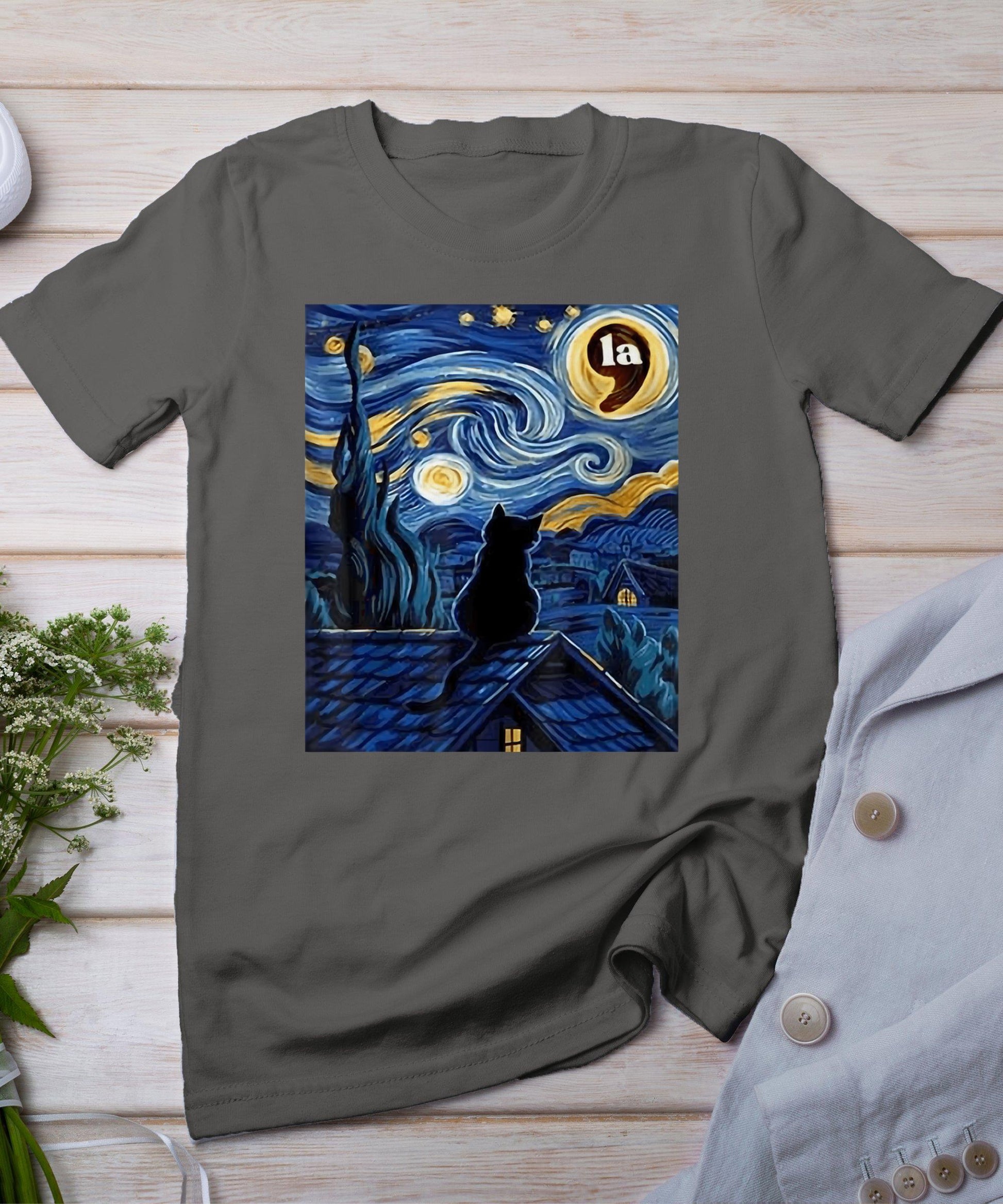 Halloween Starry Night Black Cat Comma La Kamala Harris T-Shirt